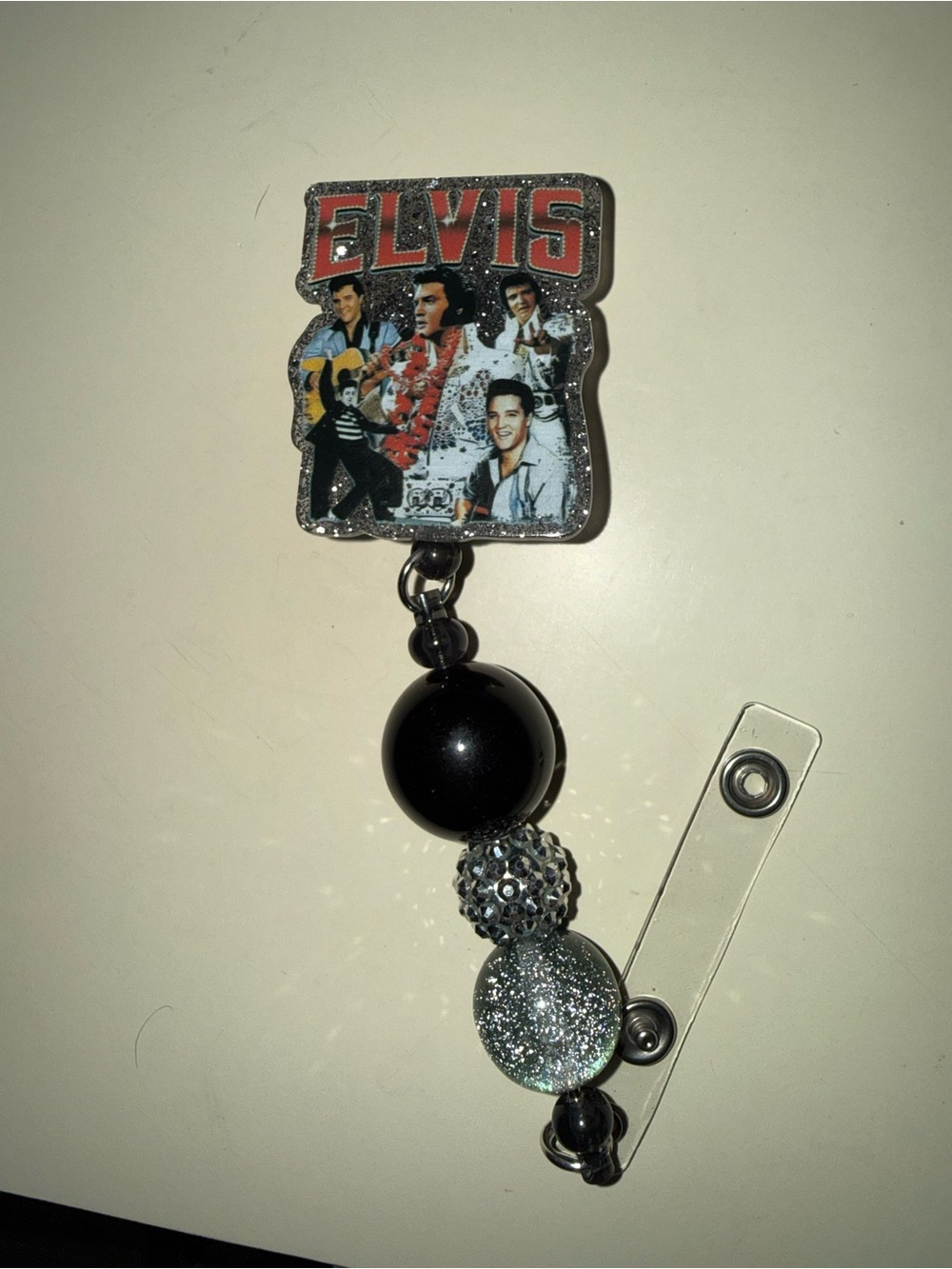 Black & Silver E l v i s Beaded Badge Reel